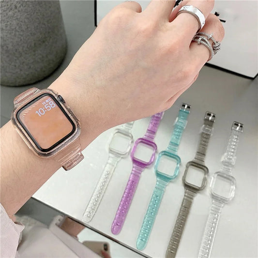 Slim Case+Strap For Apple Watch Band Glittery 41mm 49mm 40 44mm 42 Glitter Silicone Transparent Bracelet For iWatch 6 SE 7 Cases