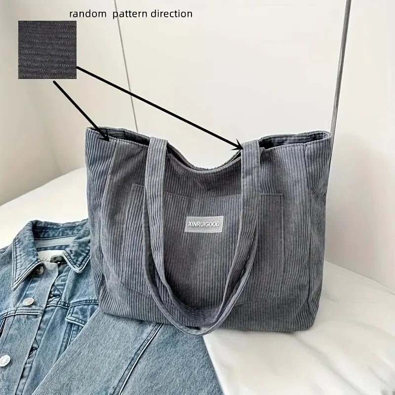 Large Capacity Shoulder Bag Trendy Corduroy Tote Bag Solid Color Ladies Handbag With Front Pocket