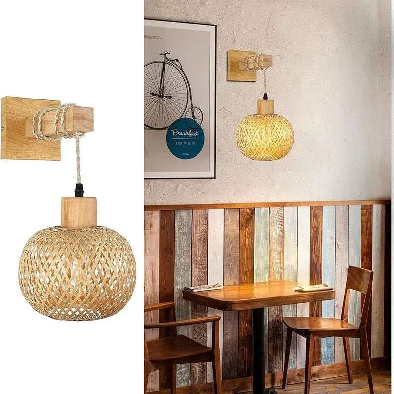 Bamboo Lantern Wall Lamp Natural Rattan Wicker E27 Chandeliers Hand-Woven Bamboo Room Decor Lampshades Wall Light Fixtures