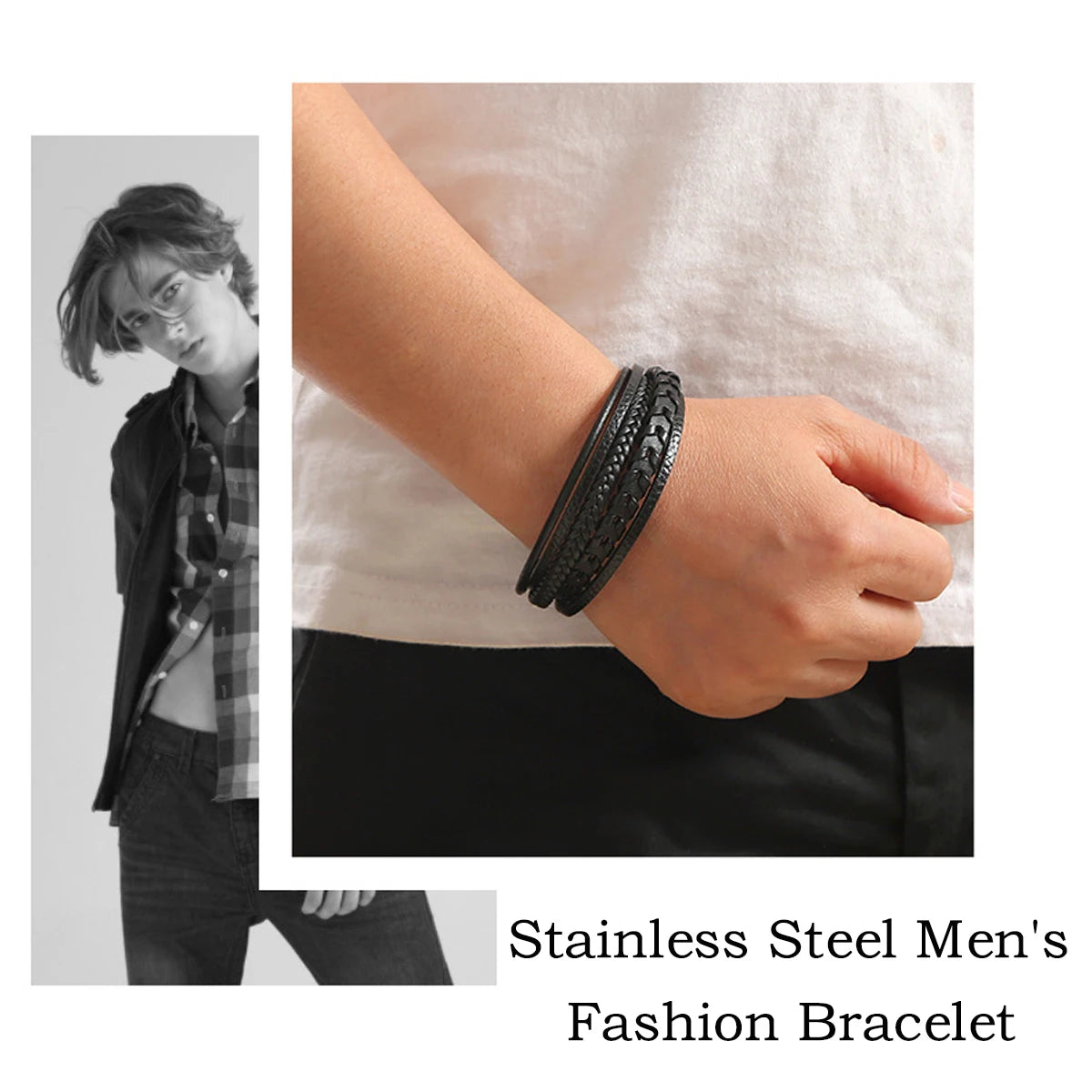 1pc Fashion Accessories MEN'S Multi-layered Vintage Leather Rope Braided Bracelet Alloy Magnetic Buckle Bracelet