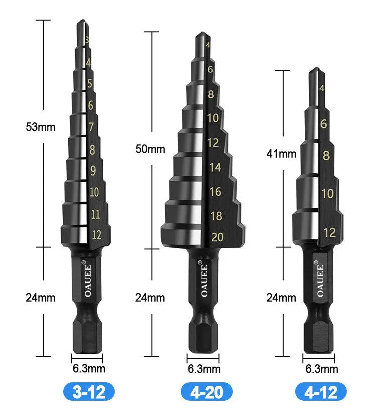 3Pcs HSS Straight Groove Step Drill Bit 3-12mm 4-12mm 4-20mm Nitride Black Hex Wood Metal Hole Cutter Core Drilling Tools Set