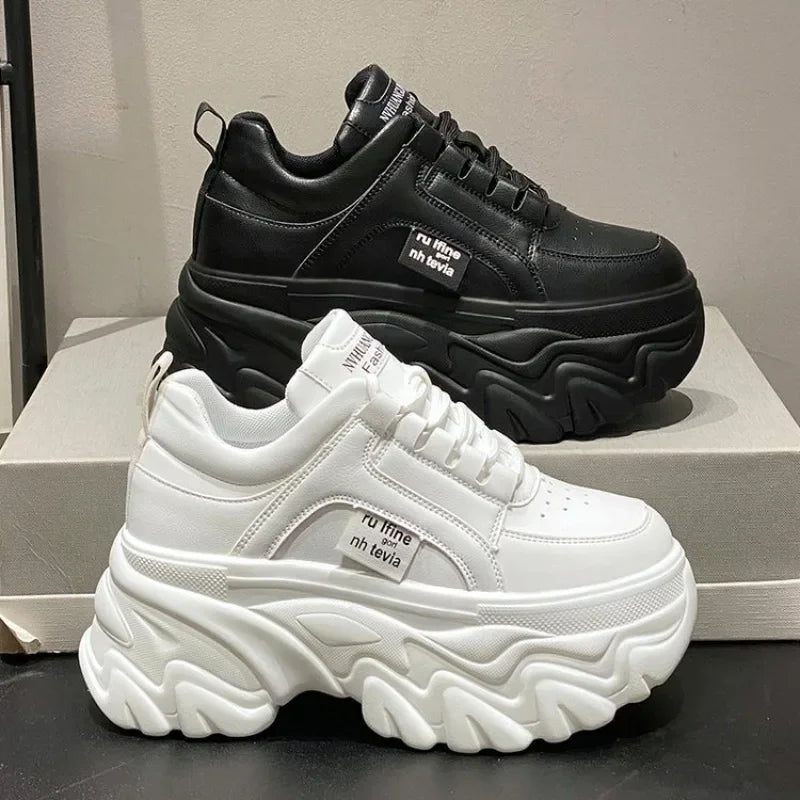 Women Shoes Trend White Black Chunky Sneakers Autumn Winter Thick Bottom Dad Shoes High Quality PU Leather Platform Sneakers New