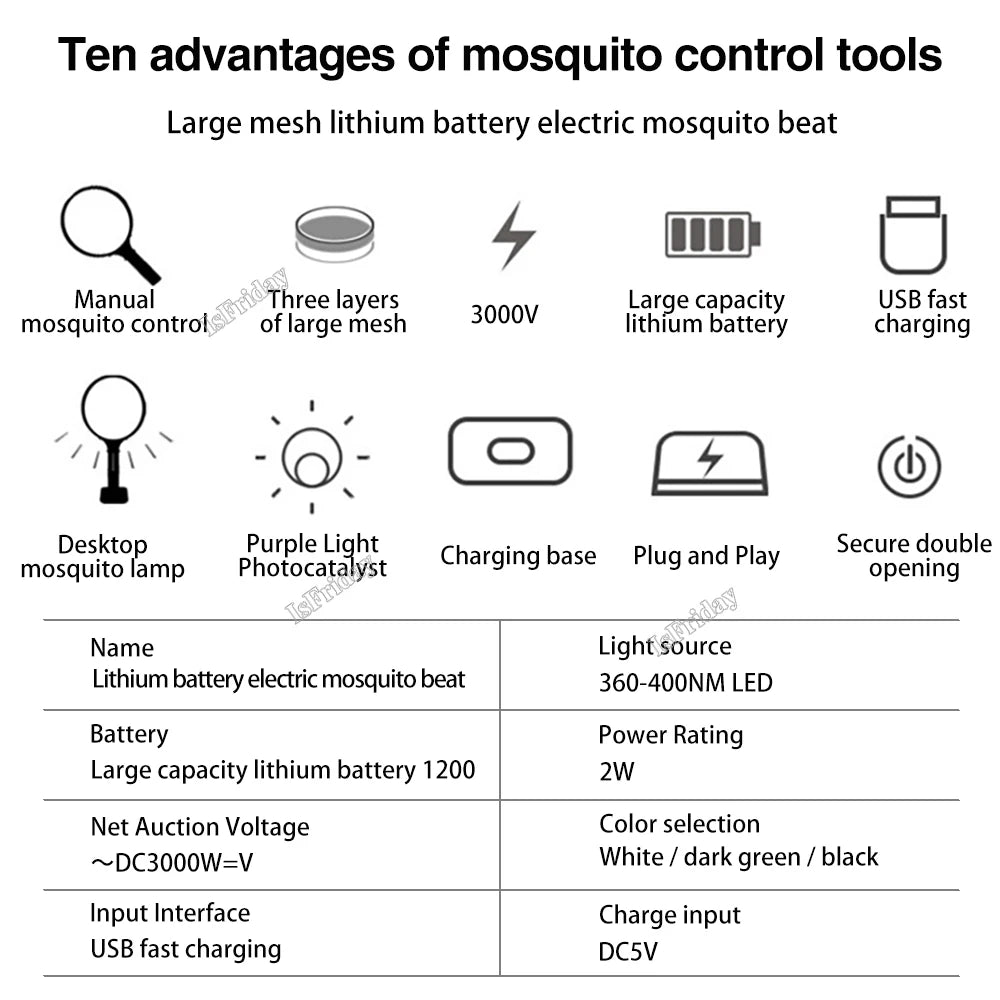 1200mAh Electric Mosquito Swatter LED Rechargeable Anti Fly Bug Zapper Killer Trap Insect Racket Pest Control Product