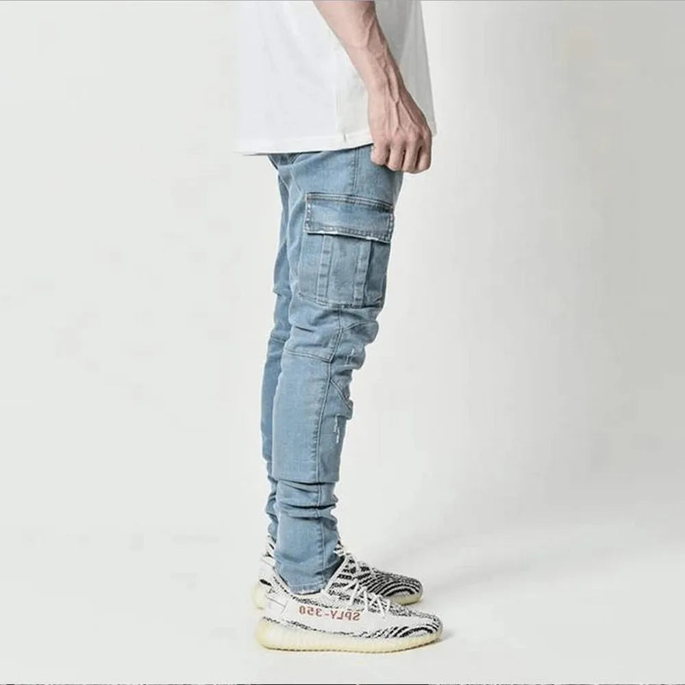 Street Elastic Jeans Men Denim Cargo Pants Wash Solid Color Multi Pockets Casual Mid Waist Trousers Slim Fit Daily Wear Joggers