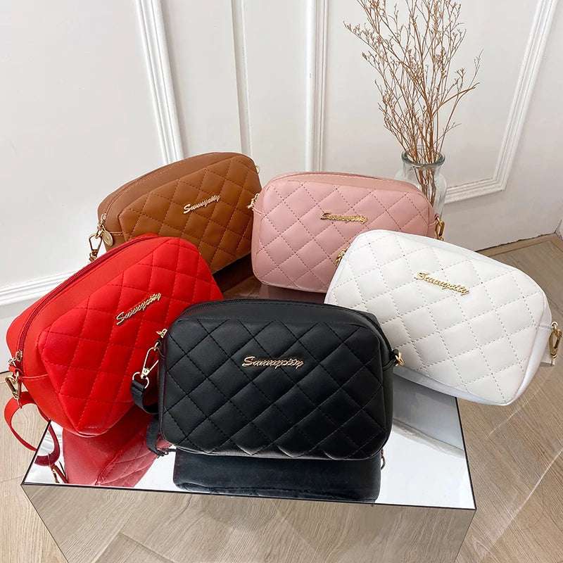 #228 Diamond-shaped quilted zipper square bag, metal lettering shoulder bag, fashionable woman shoulder bag, camera casual bag