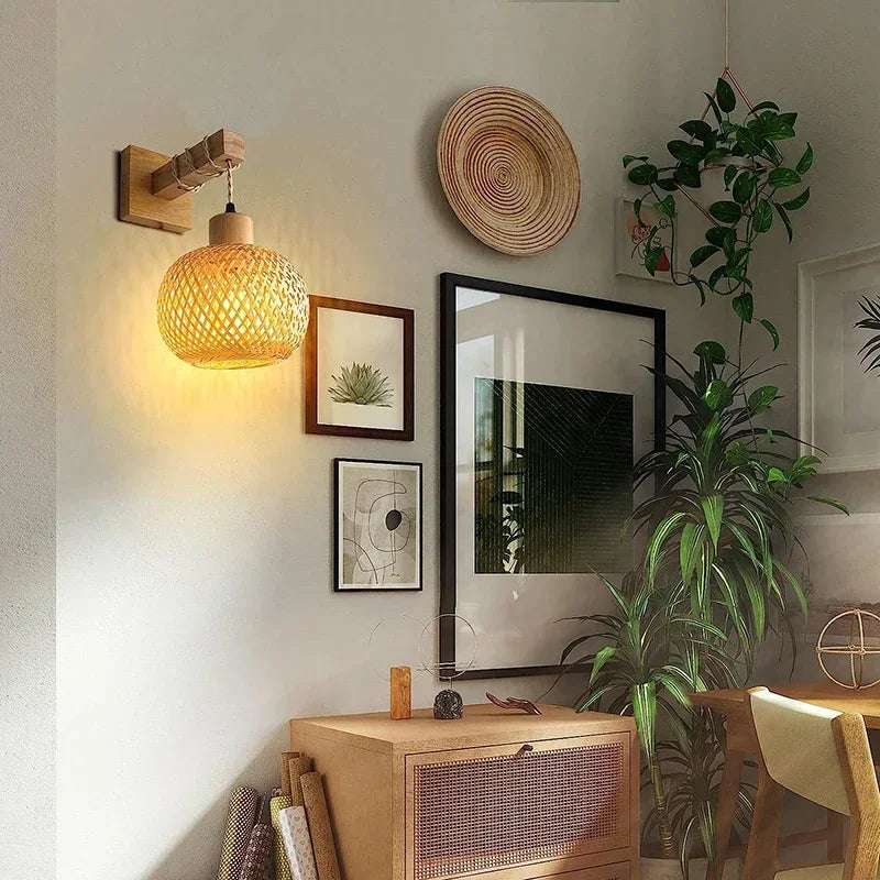 Bamboo Lantern Wall Lamp Natural Rattan Wicker E27 Chandeliers Hand-Woven Bamboo Room Decor Lampshades Wall Light Fixtures