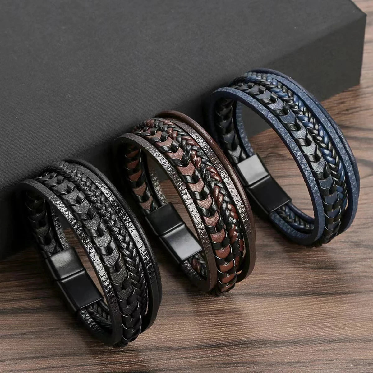 1pc Fashion Accessories MEN'S Multi-layered Vintage Leather Rope Braided Bracelet Alloy Magnetic Buckle Bracelet