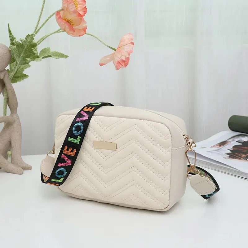 Rilibegan Embroidered Camera Bag PU Material Casual Small Square Bag Versatile Single Shoulder Bag Printed Shoulder Strap